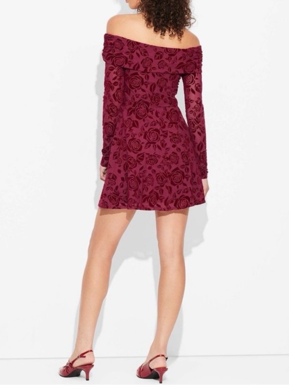wild fable Off-the-Shoulder Rose-Print Burgundy Dress